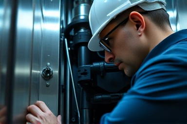Elevator technician inspecting complex machinery with precision.