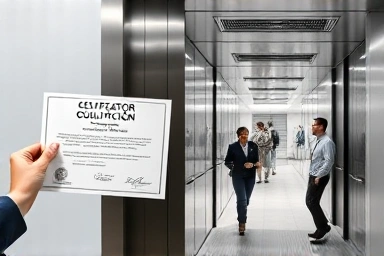 Elevator technician certification and modern elevator interior.