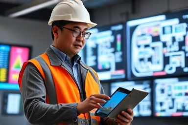 Professional energy manager analyzing building schematics on tablet.