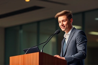 Confident professional speaking at an English job interview.