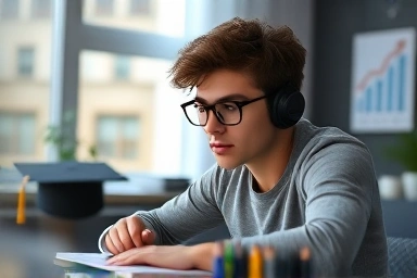Student improving English listening skills with headphones.