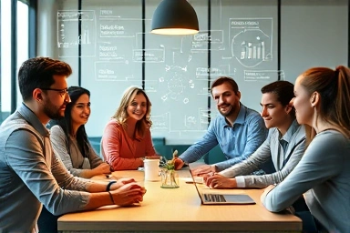 Professionals collaborating with ERP system interfaces