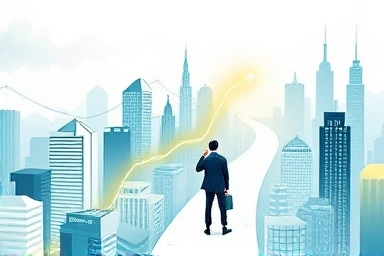 Financial analyst navigating abstract financial market cityscape.