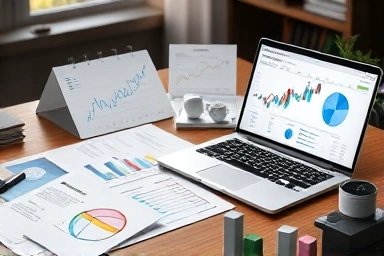 Professional desk with financial documents and data.