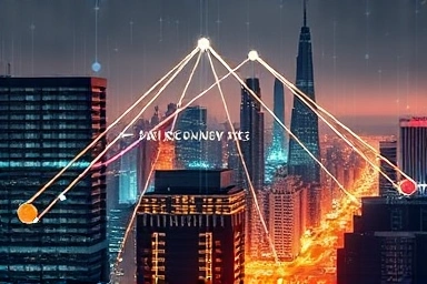 Modern fintech cityscape with digital data streams.