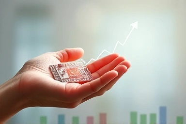 Hand holding circuit board merging with financial graph.