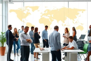 Global professionals collaborating in a modern office.