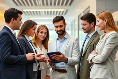 Young professionals discussing finance in a modern bank.