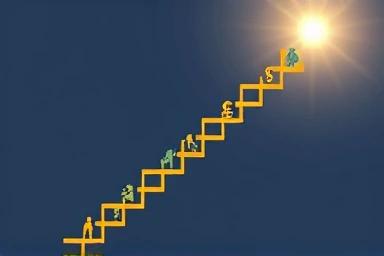 Career growth ladder with currency symbols towards financial skyline