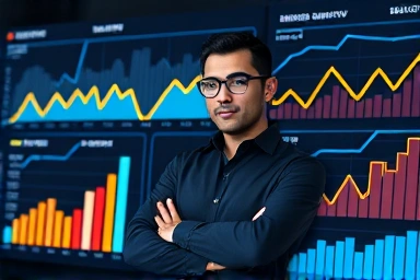 Digital marketer analyzing data on a futuristic dashboard