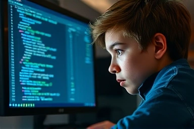 Game programmer coding intently on a computer.