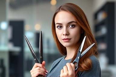 Aspiring hair designer holding scissors in salon