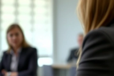 Confident speaker in a business interview setting.