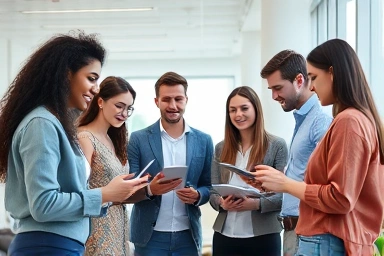 Professionals collaborating in a modern office, symbolizing digital skills.