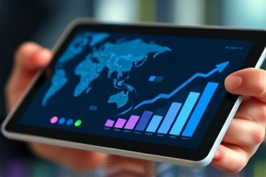 Digital tablet showing global networks and progress, representing IT competence.