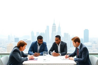 Diverse professionals collaborating on global finance, symbolizing career growth.