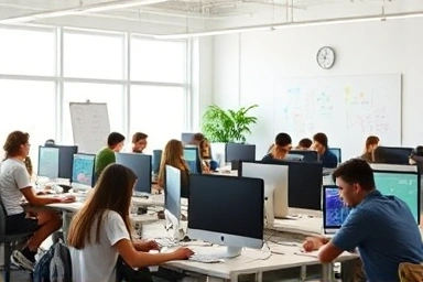 Students learning graphic design in a modern, bright classroom.