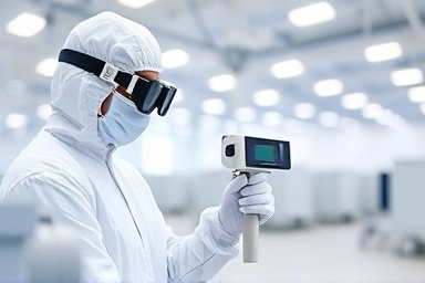 Industrial hygienist measuring air quality in a modern factory.