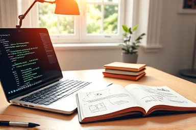 Coding study desk with laptop and notes