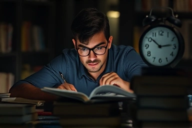 Student studying for an important exam with urgency and focus.