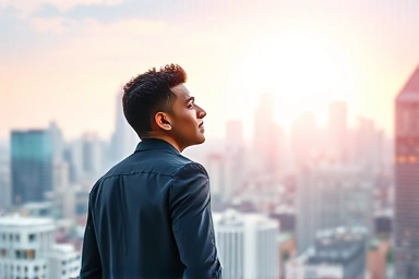 Young professional facing IT career opportunities in a modern city.