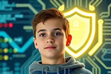 Young person aiming for cybersecurity career, digital shield, code.