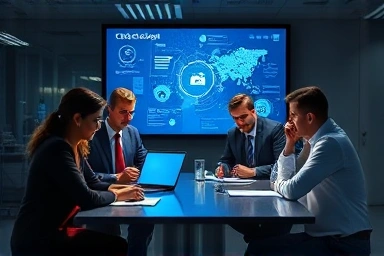 IT team collaborating on cybersecurity strategies, highlighting teamwork.