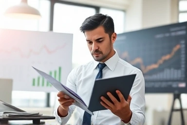 Financial professional studying market data for career advancement.