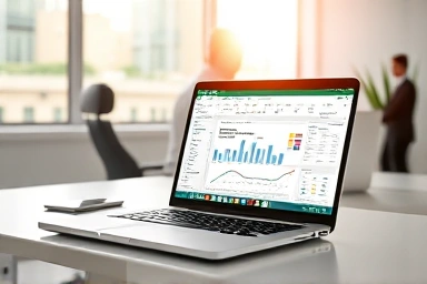 Modern office desk with Excel spreadsheet and data.