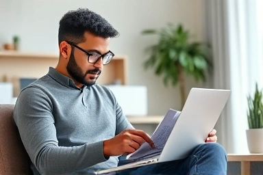 Person studying accounting, financial charts, home office