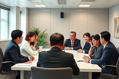 Korean civil servants collaborating in a modern meeting.