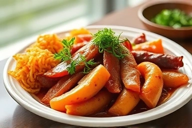 Masterfully plated Korean dish symbolizing culinary success.