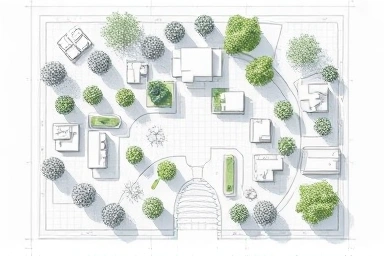 Detailed landscape design blueprint with symbolic elements.