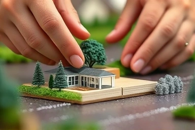 Hands assembling a miniature landscape construction model.