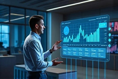 Financial professional and AI collaborating in modern office.