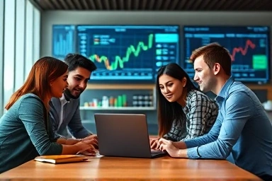 Financial professionals collaborating with data displays.