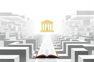 Symbolic path through legal labyrinth to courthouse