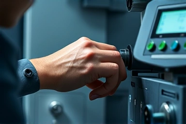 Skilled hands adjusting CNC milling machine control panel.