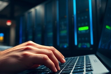 Hands typing network commands on a keyboard