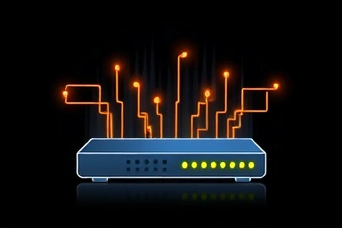Abstract network router with glowing data streams