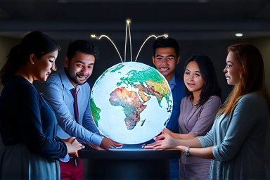Global business professionals connecting and collaborating around a glowing world.