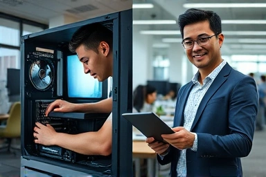 IT professional assembling computer and presenting solutions