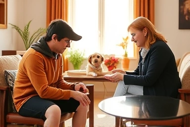 Pet behaviorist consulting with owner and dog in a living room.