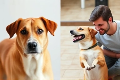 Before and after of a dog's behavior, showing improvement.