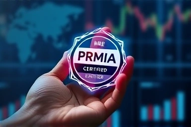 Glowing PRMIA certification badge symbolizing expertise.