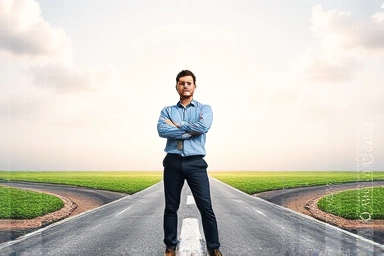 Professional growth and career advancement symbolized by a person at a crossroads.