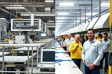Contrast between chaotic and efficient production lines due to quality management.
