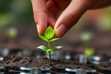 Hand planting a glowing seedling, symbolizing nurturing technological growth.