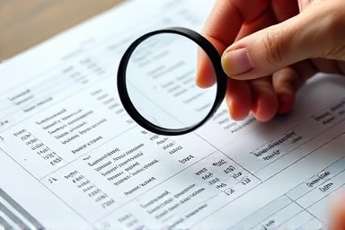 Magnifying glass analyzing financial ledger for tax insights.