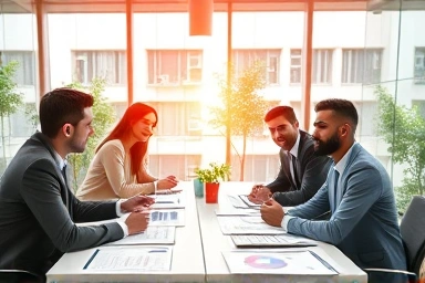Professionals collaborating in a modern office, discussing financial growth.